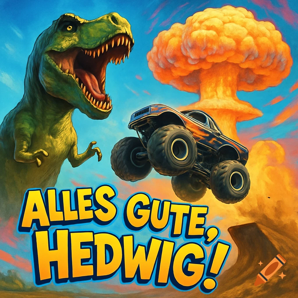 A green T-Rex roars at a jumping monster truck with a mushroom cloud in the background and 'Alles Gute, Hedwig!' text.