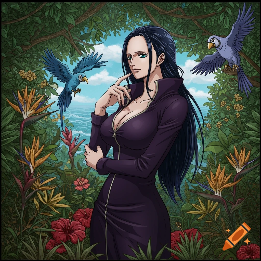 Anime character Niko Robin with long dark hair stands thoughtfully in a lush tropical jungle with two blue birds and ocean.