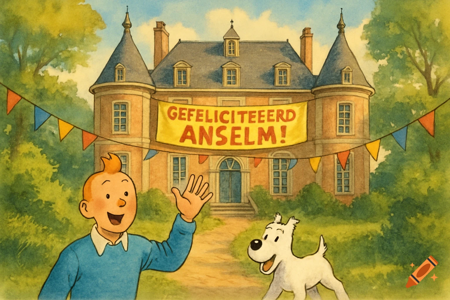 Tintin and Snowy wave in front of Moulinsart chateau with a 'GEFELICITEERD ANSELM!' banner in a watercolor style.