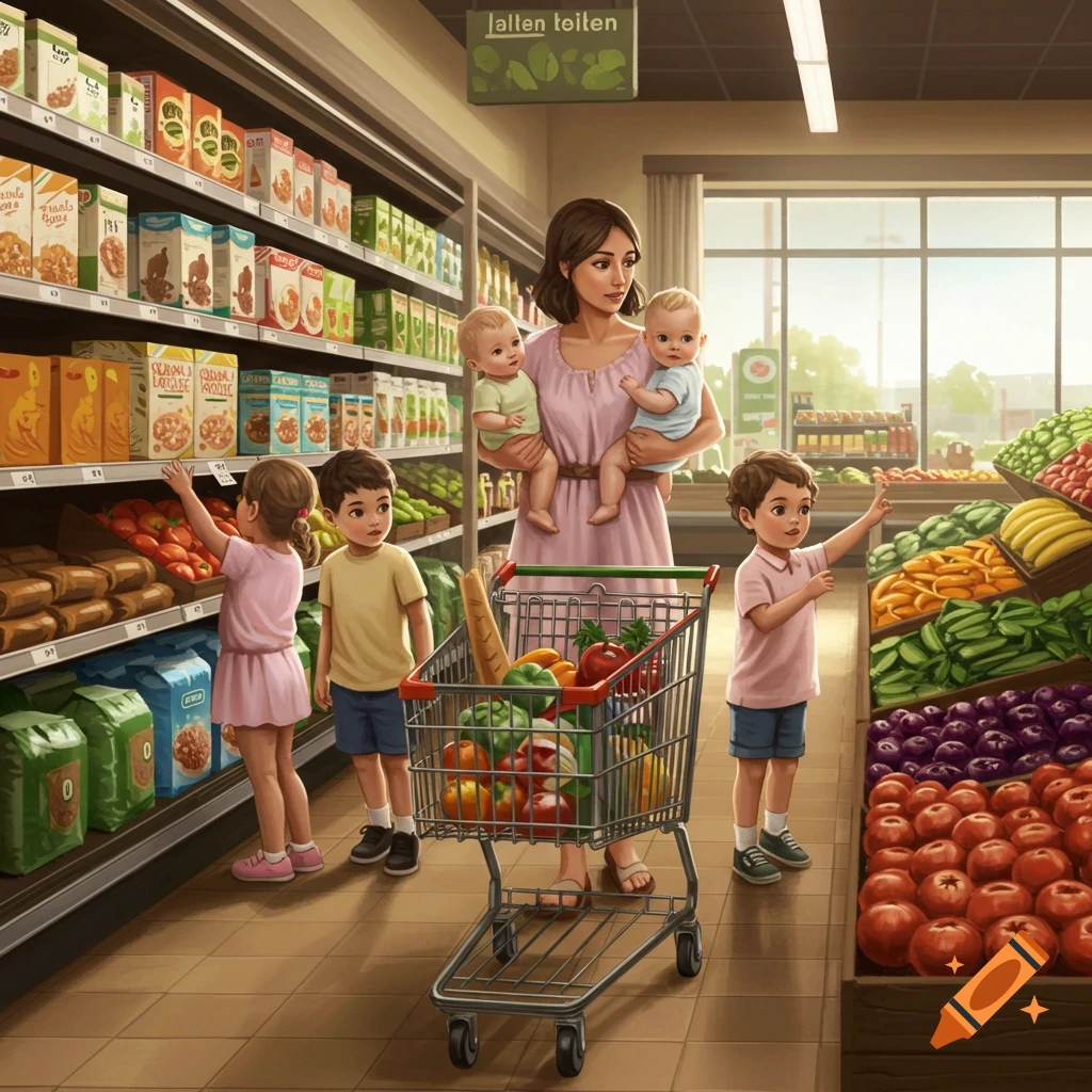 An illustration of a mother with four children shopping in a grocery store, with a full cart of groceries.