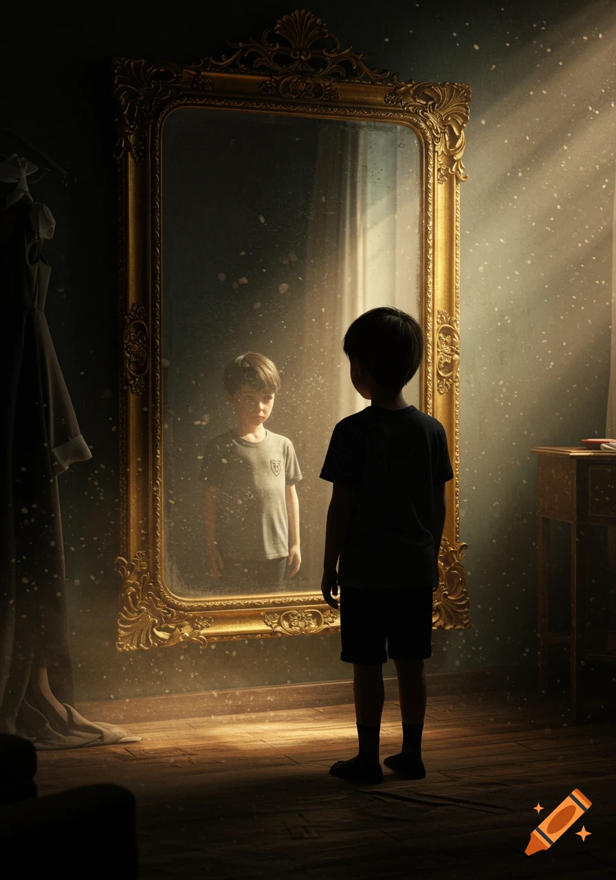 A boy stands with his back to the viewer, looking into a large ornate mirror, his somber reflection visible. Dust particles float in dramatic light.
