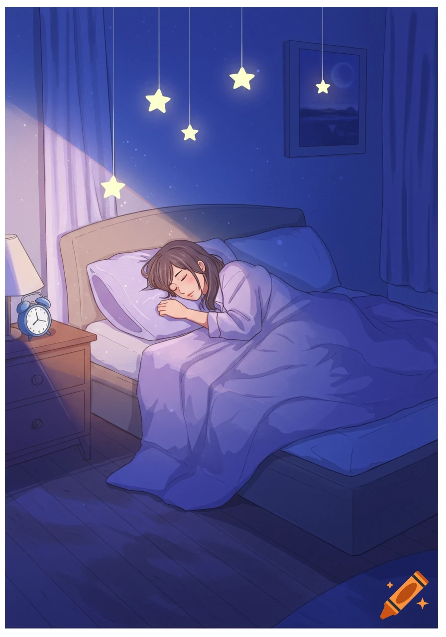 An anime-style illustration of a woman sleeping peacefully in a bed in a dark bedroom, with glowing star decorations overhead.