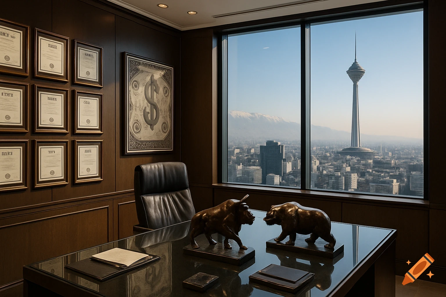 Photorealistic luxury office with a panoramic city view of Tehran, including Milad Tower. A glass desk features bull and bear statues, with framed certificates and dollar sign art on wooden walls.