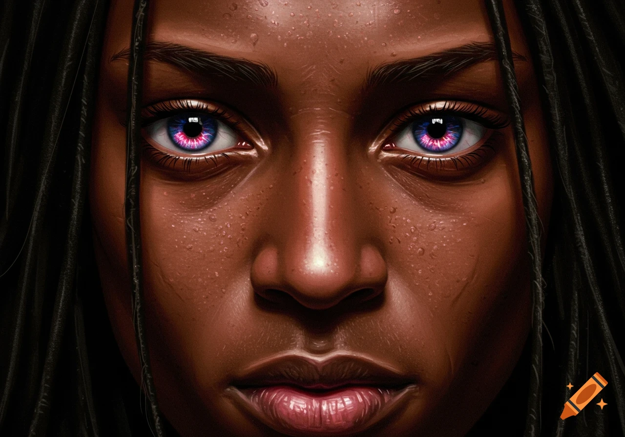 Close-up, highly detailed photorealistic portrait of a person with dark skin, dreadlocks, and striking blue and pink eyes.