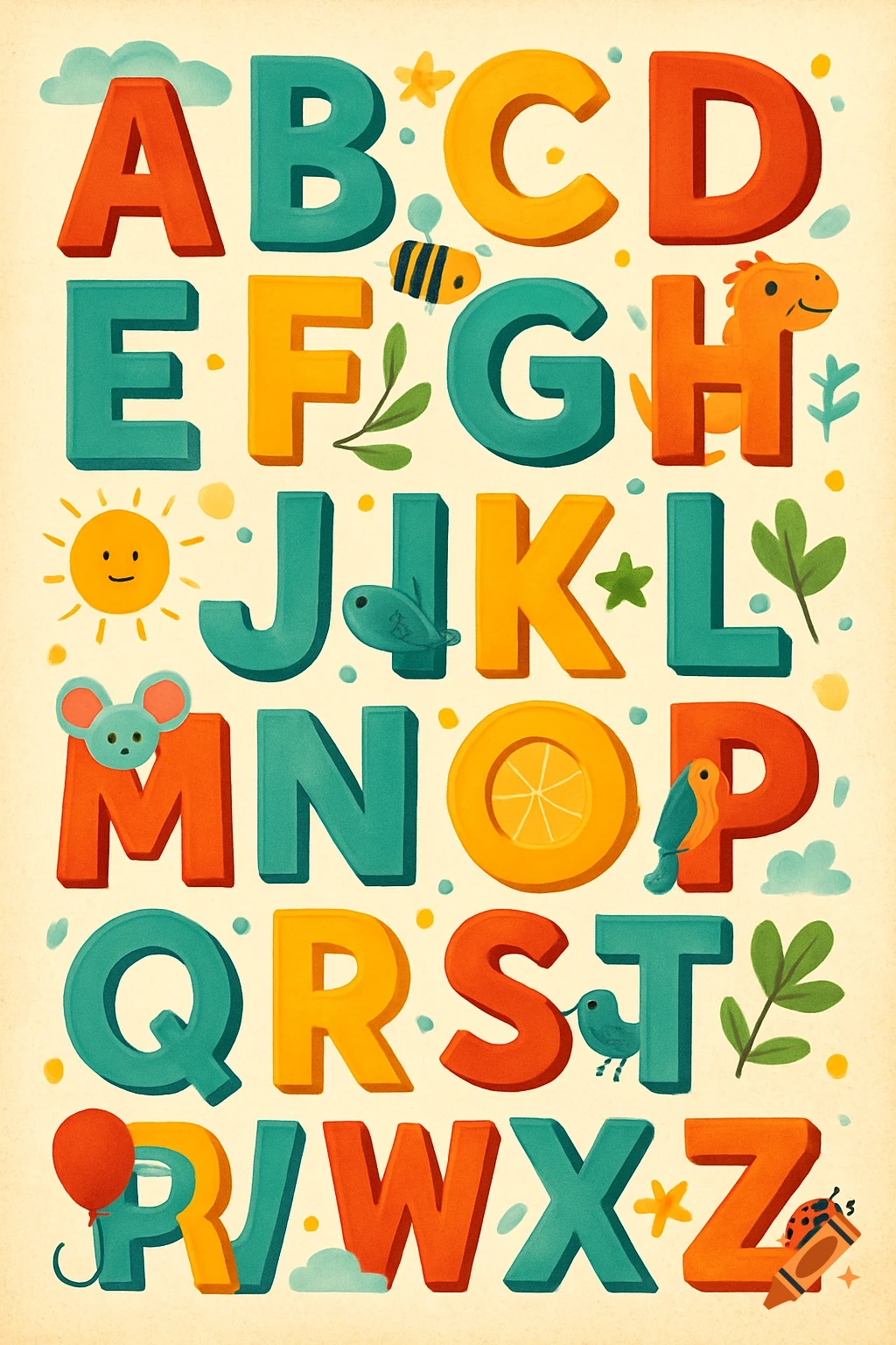 A colorful, whimsical alphabet poster with chunky letters A-Z, each featuring a cute illustration like a bee, dinosaur, and ladybug.