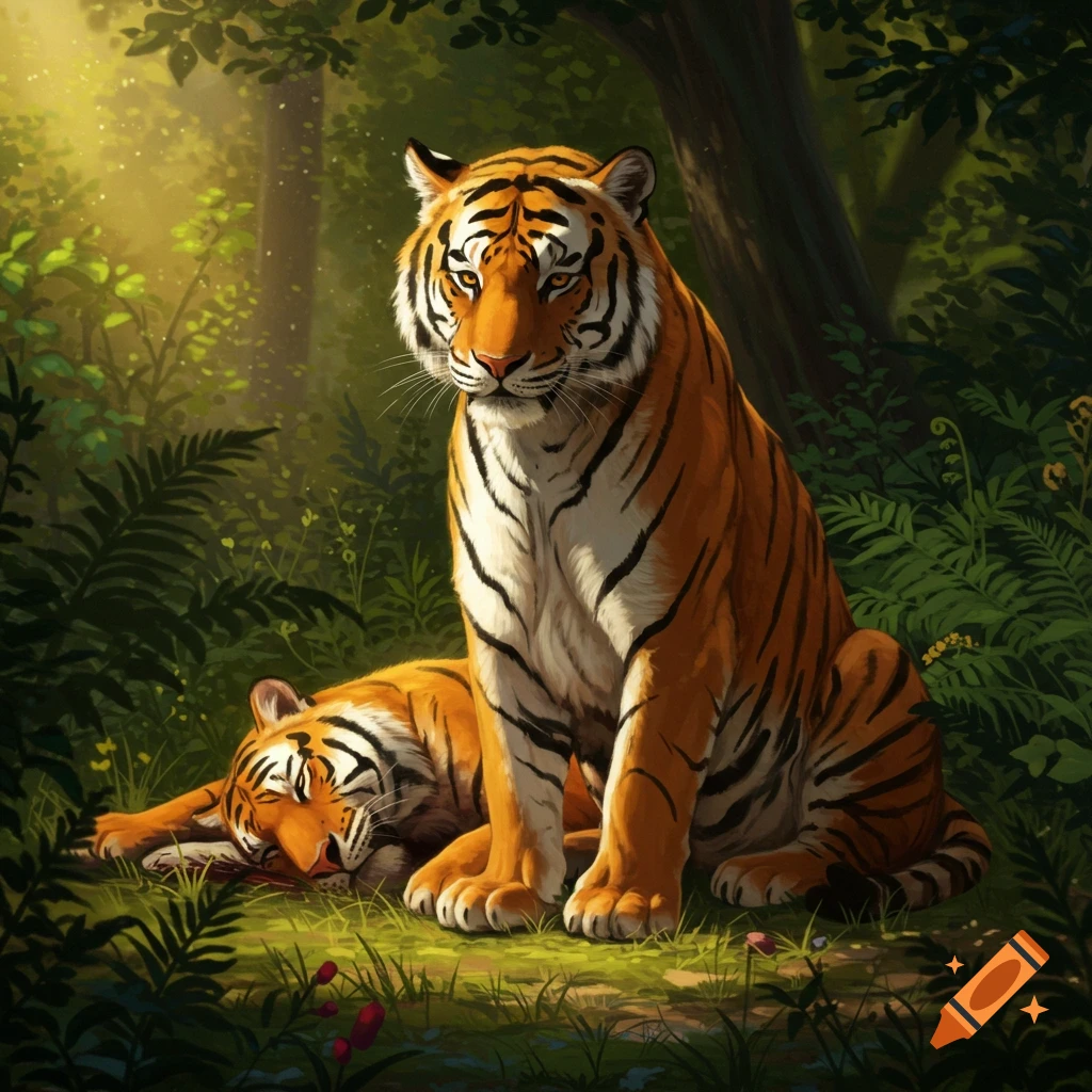 An illustrative image of a sad tiger sitting in a lush, sun-dappled jungle, with another tiger lying on the ground in front of it.