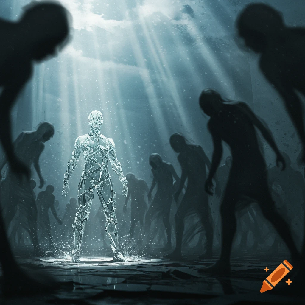 A radiant, crystal humanoid stands in bright light, surrounded by dark, shadowy figures in a dramatic digital art style.