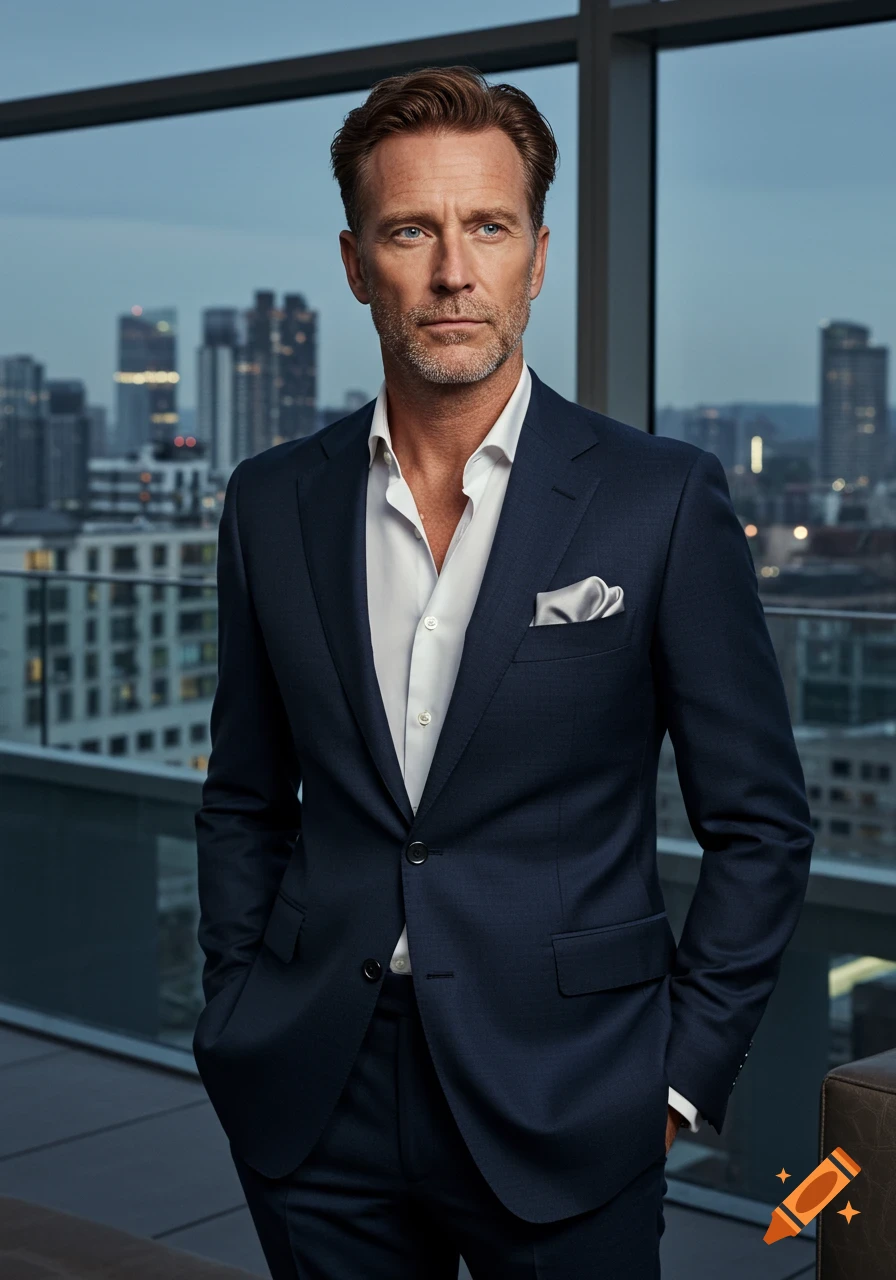 Handsome man in a navy suit posing by a window with a city skyline, photorealistic.