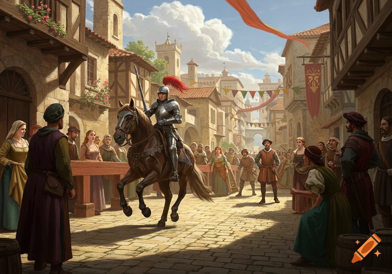 A knight in shining armor rides a horse through a bustling medieval town square, lined with timber-frame buildings and spectators.
