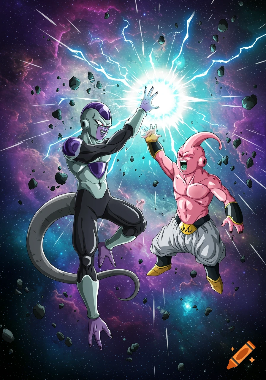 Frieza battles Majin Buu in space with an energy blast in a dynamic anime illustration.
