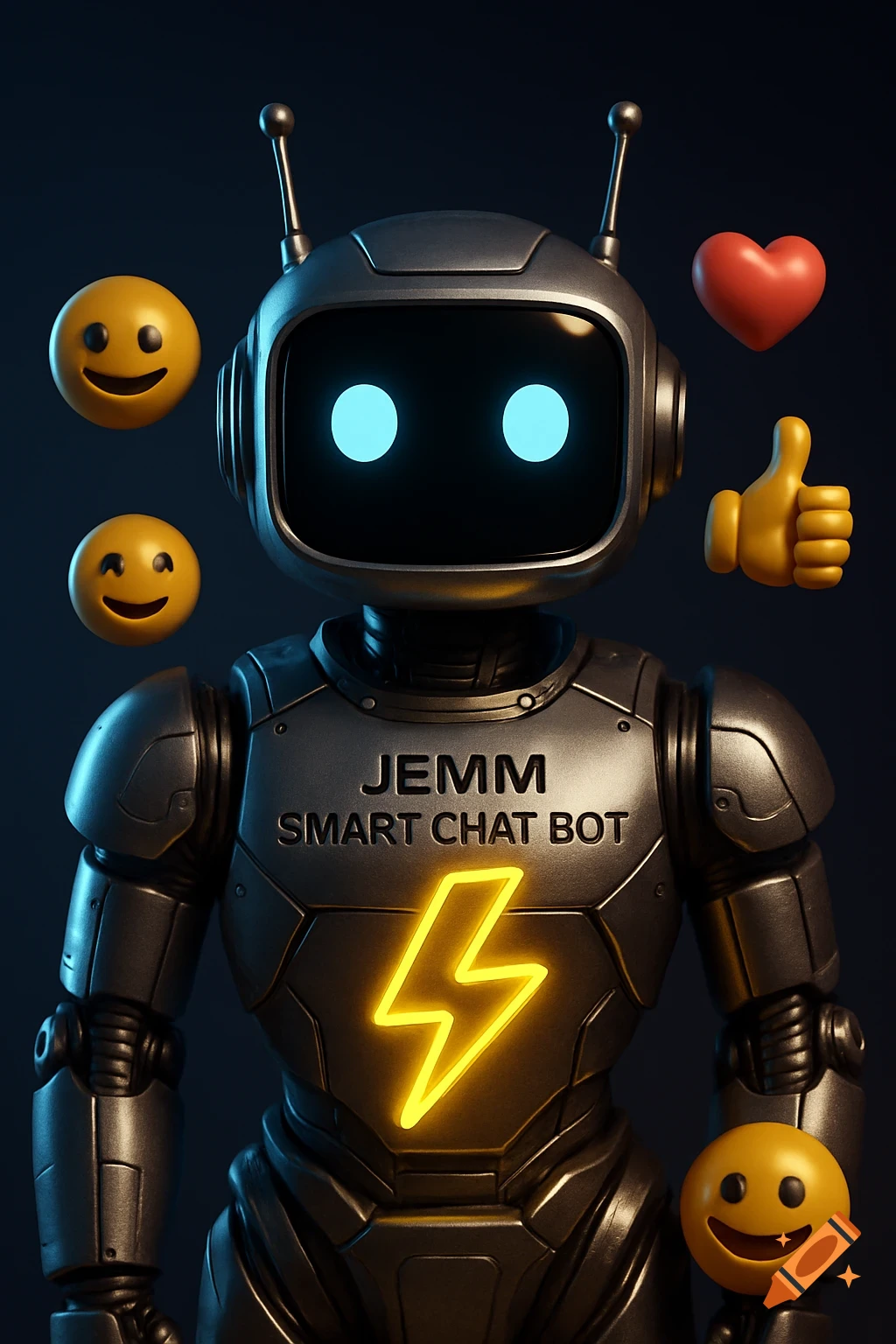 A detailed 3D render of a futuristic metallic robot with glowing eyes and "JEMM SMART CHAT BOT" on its chest, surrounded by floating emojis.