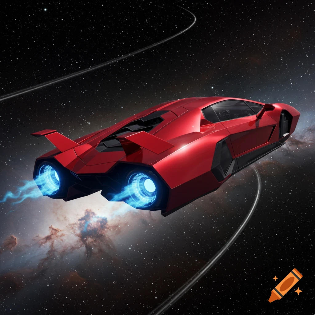 A sleek red futuristic car with glowing blue jet engines flies through space, with stars and nebulae in the background.