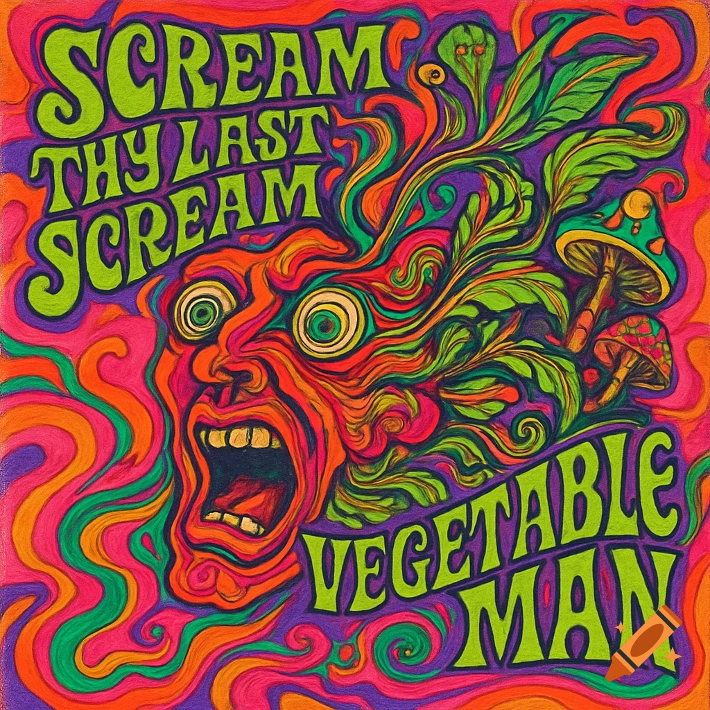 Vibrant psychedelic 1960s rock poster with a distorted screaming face morphing into plants and mushrooms, featuring text 'Scream Thy Last Scream Vegetable Man'.