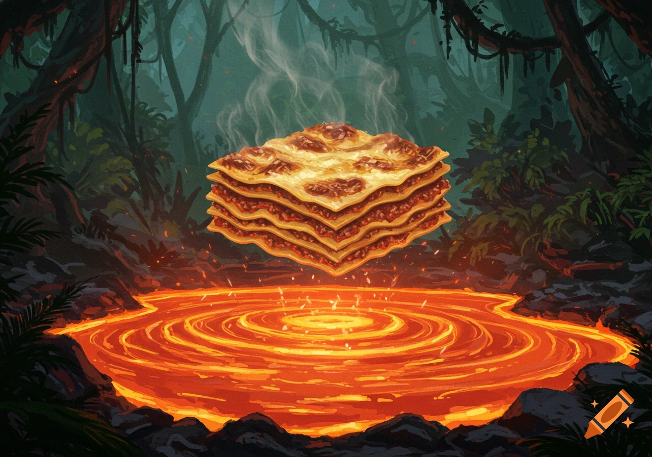 A steaming lasagna floats above a pool of swirling orange magma in a dark, lush jungle, illustrated.