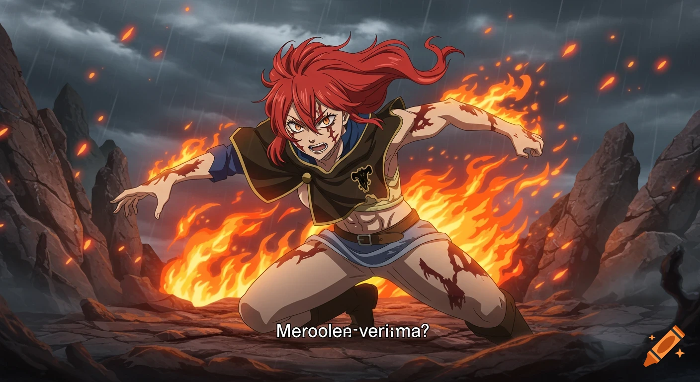 Red-haired anime warrior woman, Meroleona, with battle scars, kneels on rocky ground surrounded by fire under a stormy sky.