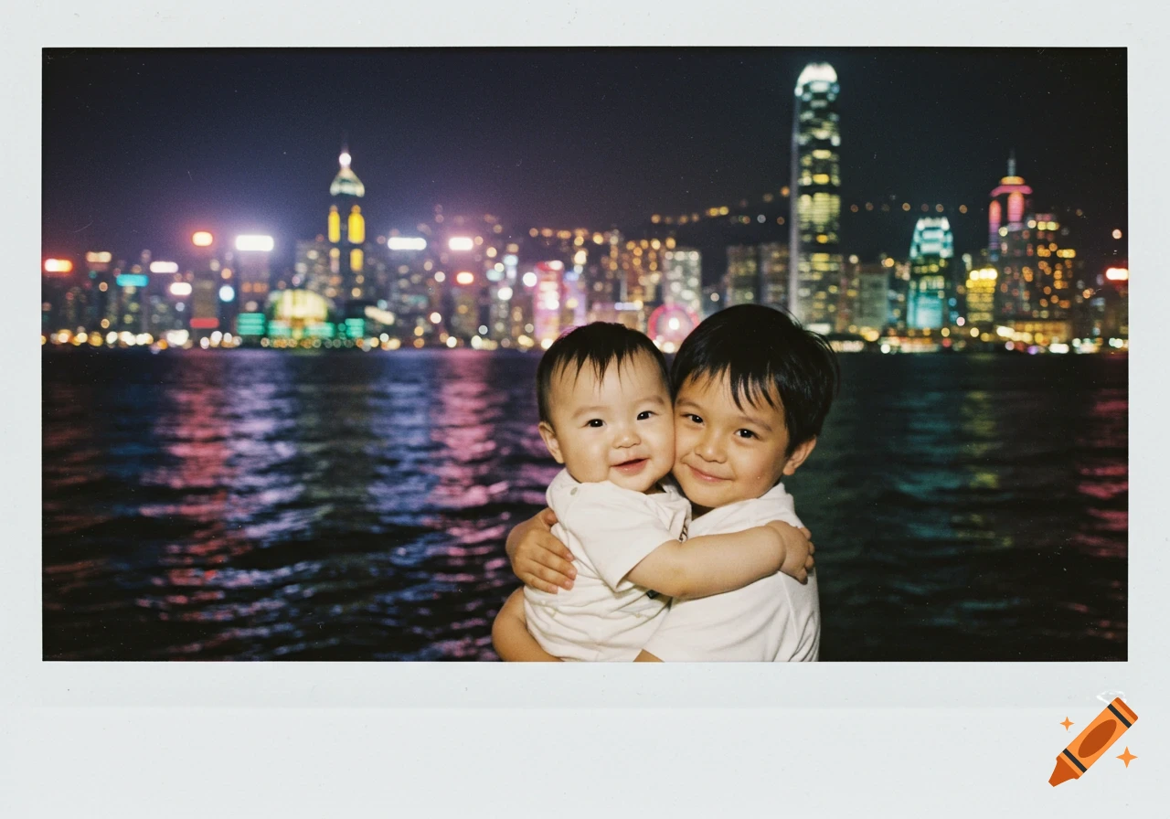 A Polaroid photo of an older boy hugging a baby, smiling in front of a blurred Hong Kong city skyline at night.
