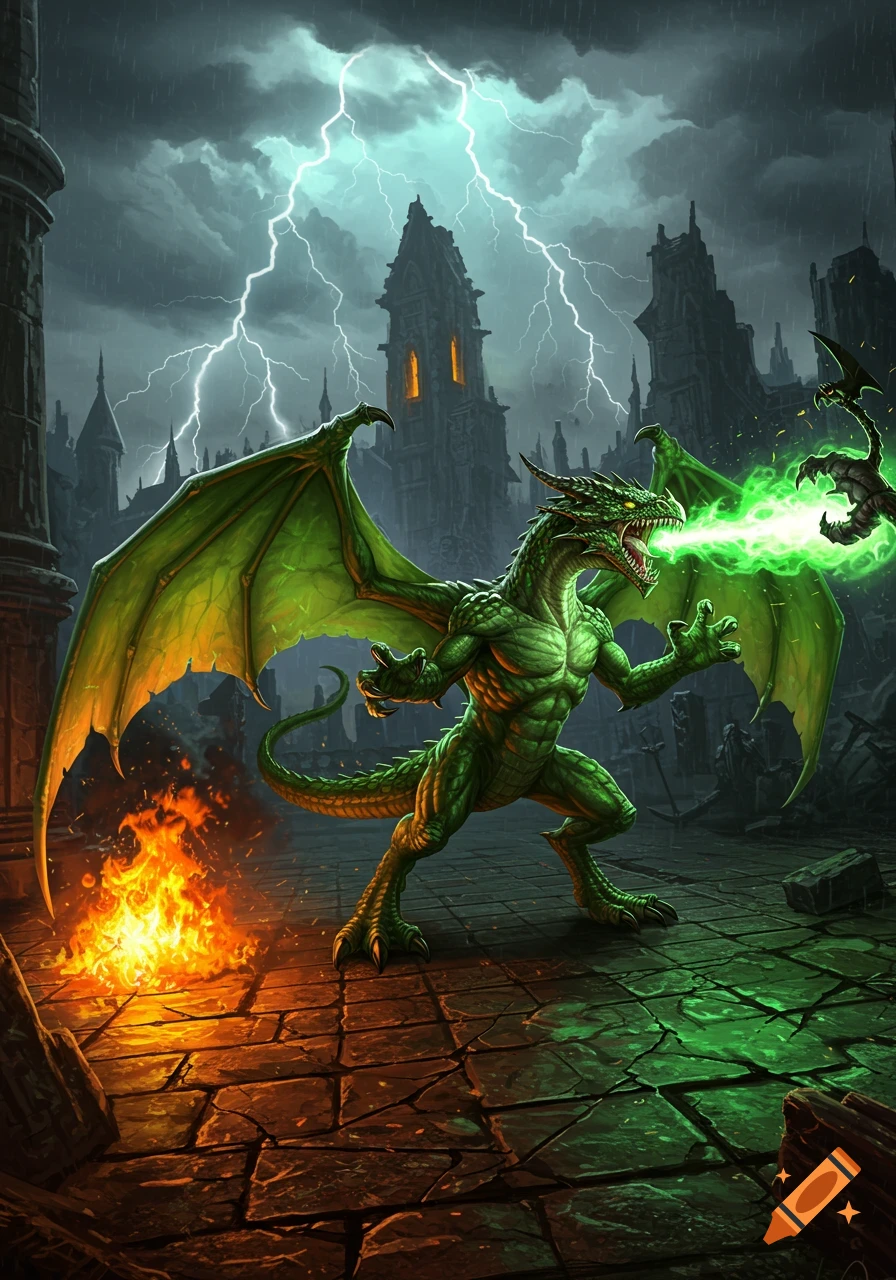 A mighty green dragon breathes emerald fire at a small flying creature in a stormy, lightning-filled ruined city.