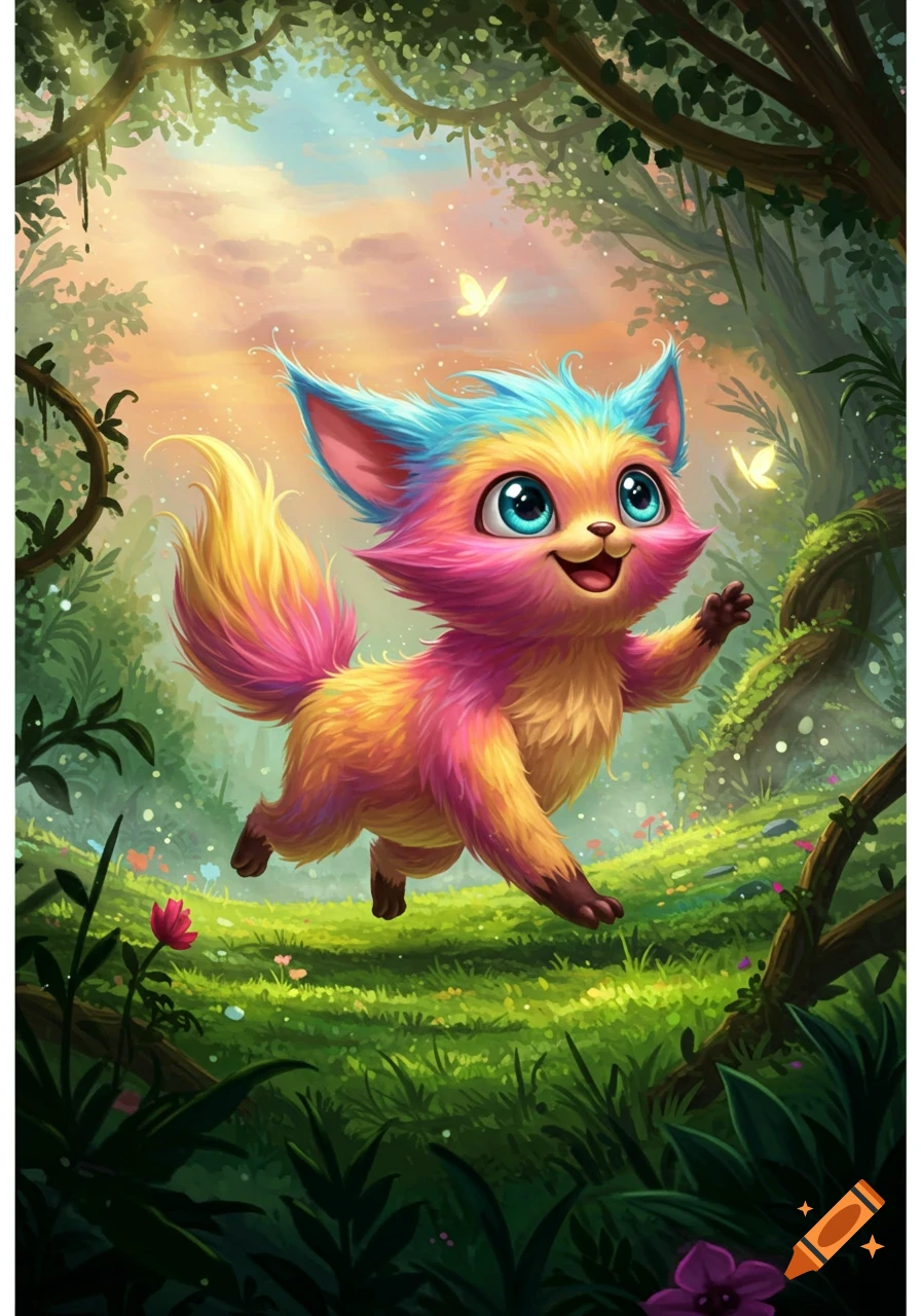 A fluffy, rainbow-colored fantasy creature with big blue eyes leaps through a vibrant, lush forest at sunset.