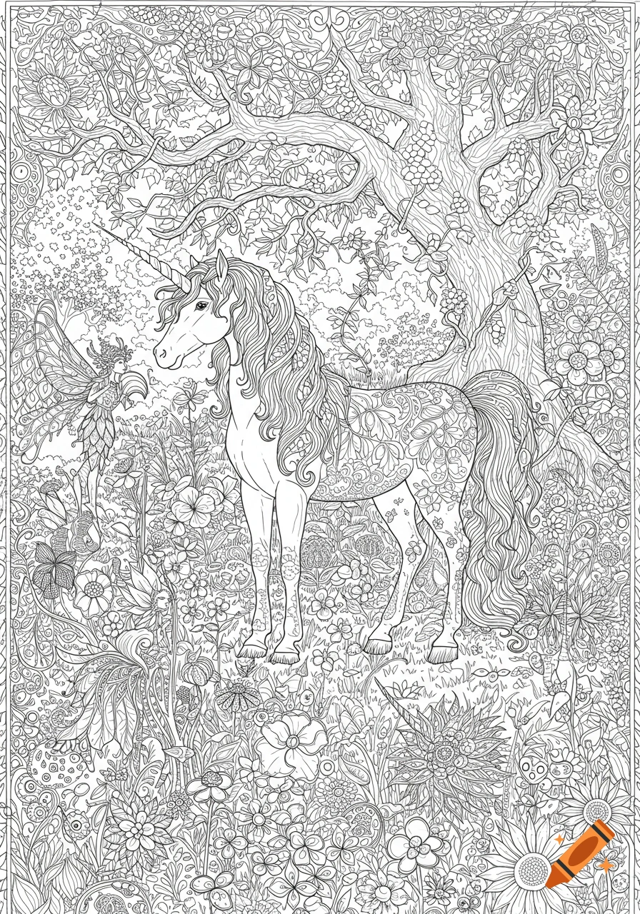 Detailed black and white coloring page: a unicorn and a fairy in an enchanted forest with intricate flowers and a large tree.