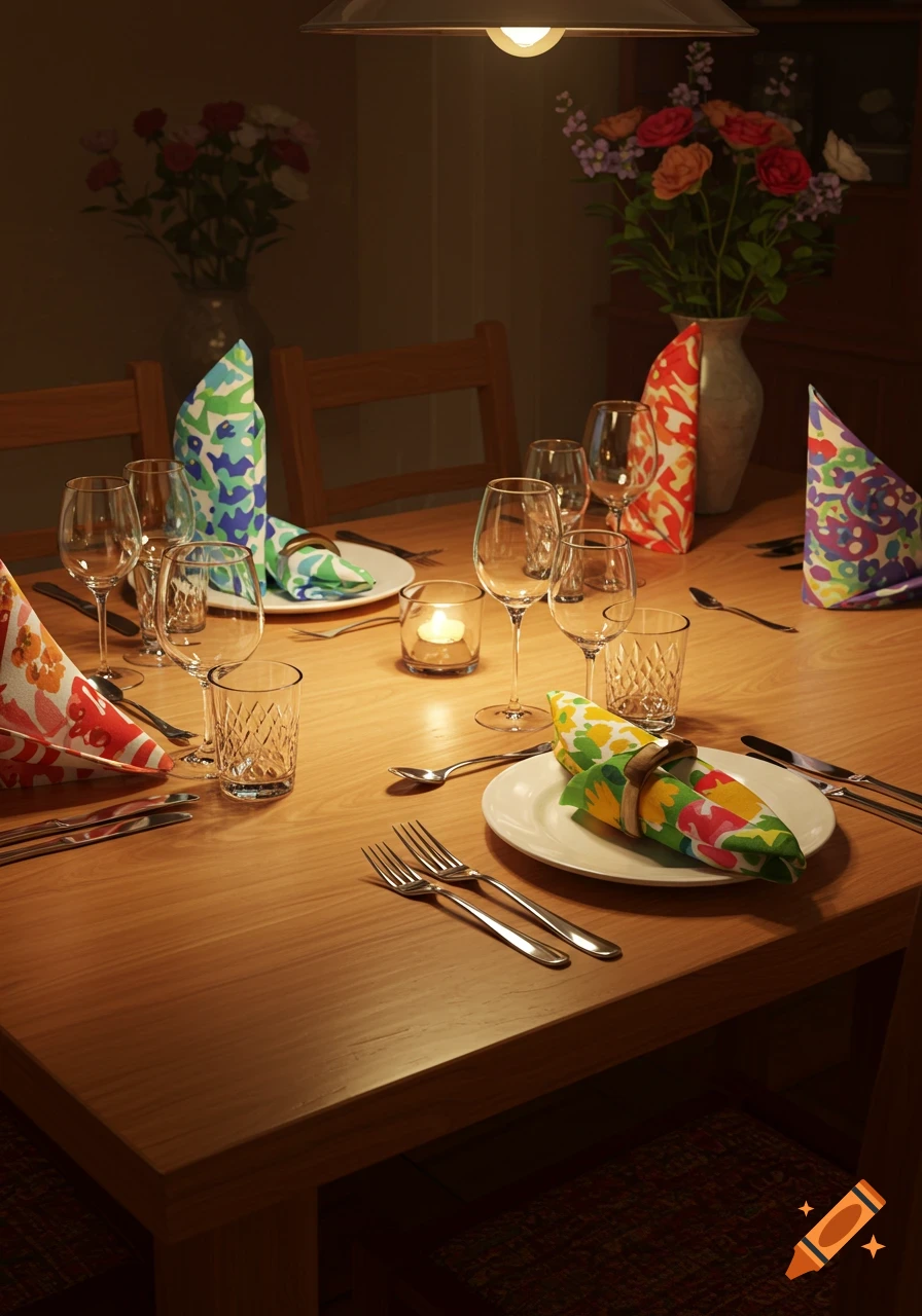A dining table set with colorful patterned napkins, wine glasses, cutlery, and a lit candle under warm light.