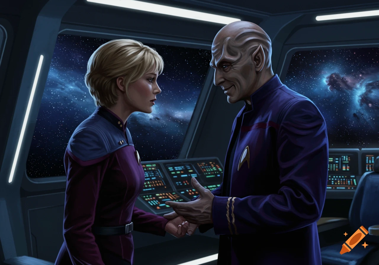A blonde woman and a bald alien man hold hands and look at each other on a spaceship bridge in a digital painting.
