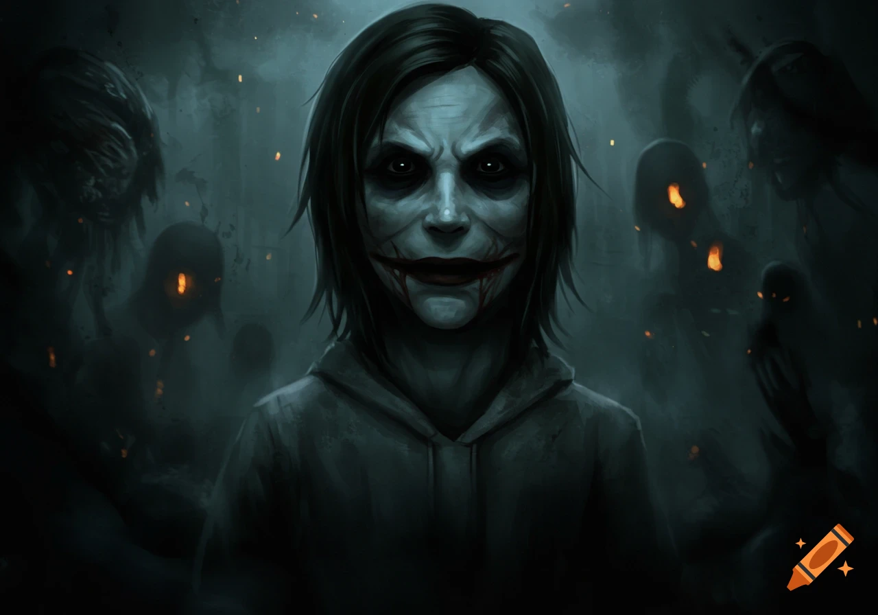 A stylized digital art portrait of Jeff the Killer with dark eyes, a wide, bloody smile, and dark hair, surrounded by shadowy figures in a smoky, dark blue background.