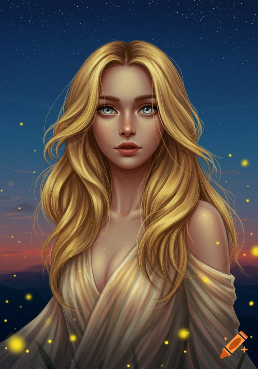 Digital painting of a blonde woman with blue eyes, long hair, and a flowing dress against a starry night sky with glowing particles.