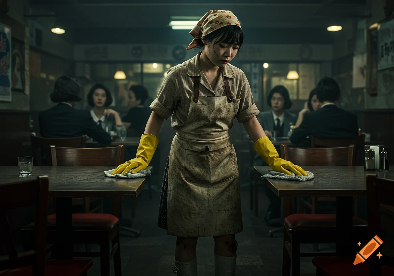 A tired young Korean charwoman in an apron and yellow gloves cleans a table in a dimly lit, busy restaurant at night. Dystopian style.
