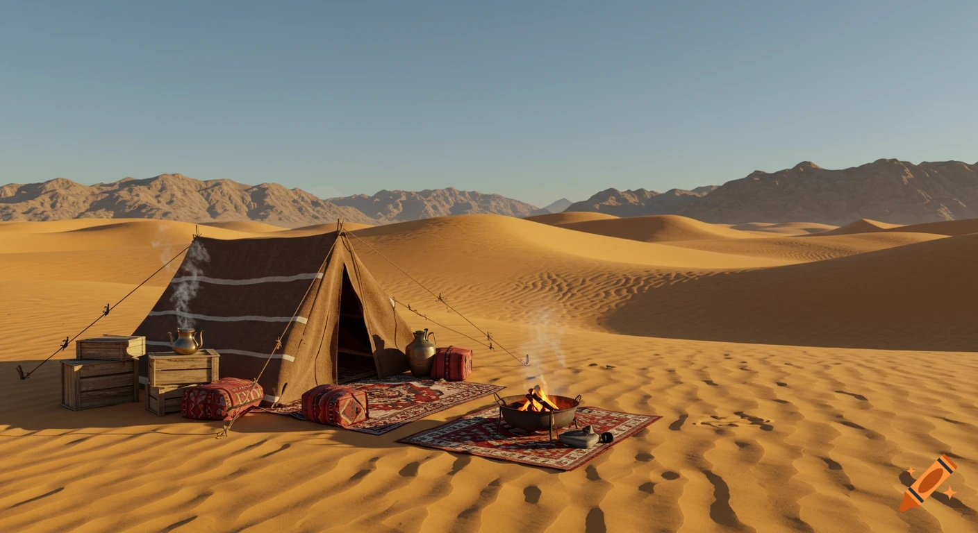 Photorealistic desert camp with a tent, campfire, and rugs on sand dunes, backed by mountains under a clear sky.