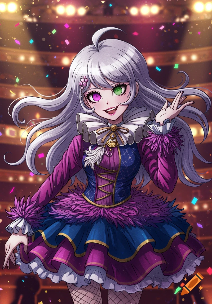 Anime girl with white hair, purple and green eyes, smiling in a frilly jester-like outfit on a stage with confetti.