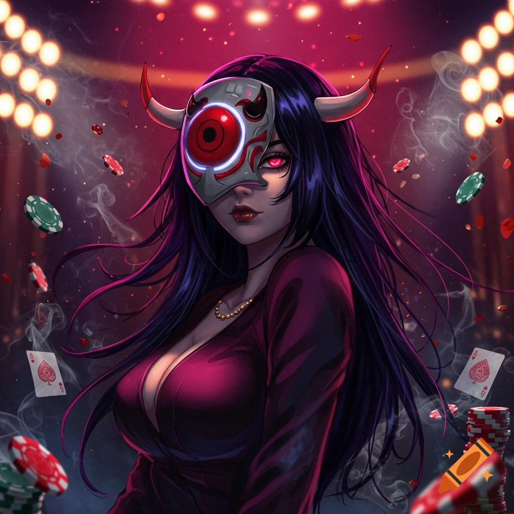 Anime woman in a horned 'bulls eye' mask and dark red top, with long dark hair and red eyes, in a casino setting with falling poker chips and playing cards.
