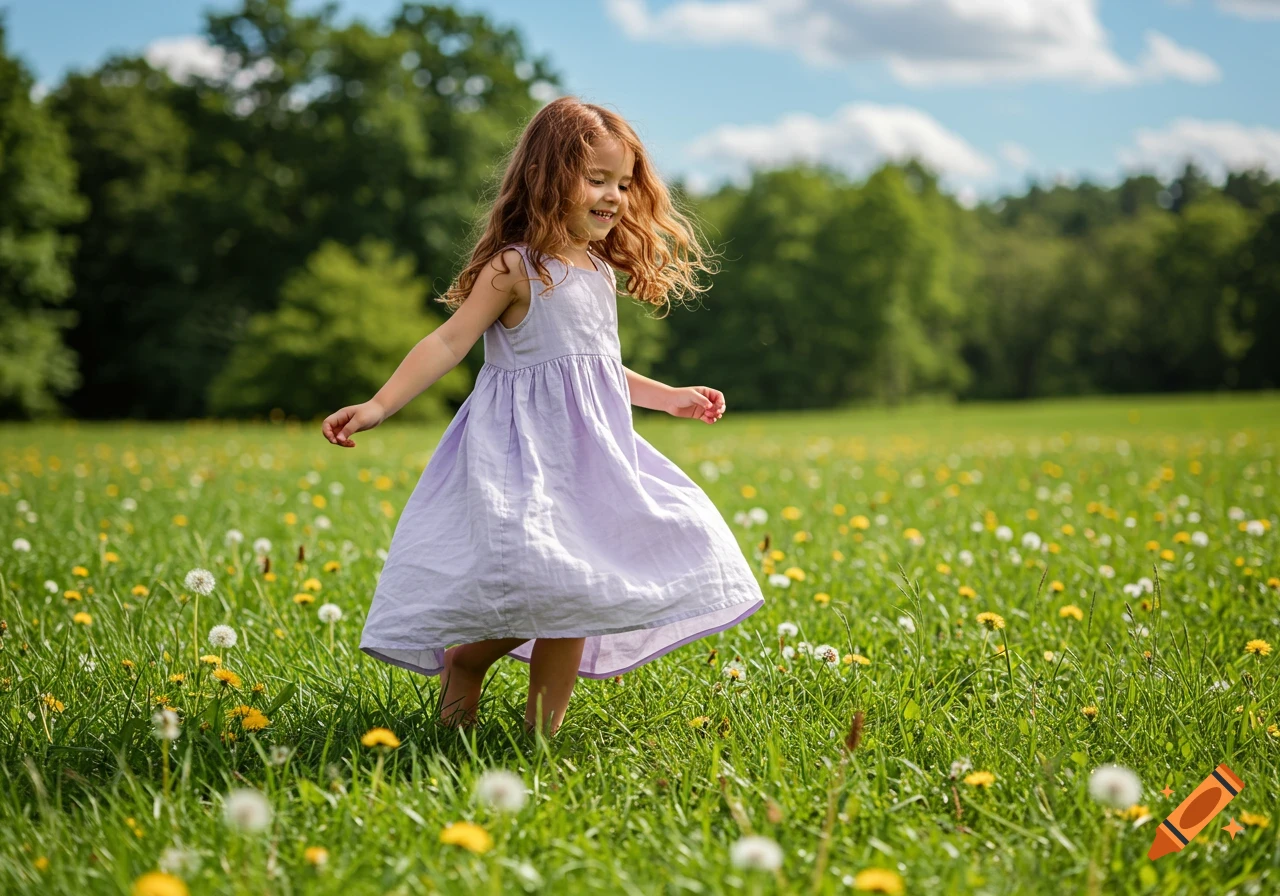 A happy young girl with long reddish-brown hair dances barefoot in a sunlit field of green grass and wildflowers.