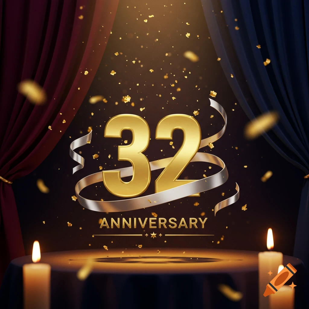 Golden '32' and 'ANNIVERSARY' text with silver ribbon, falling confetti, candles, and draped curtains, set for a celebration.