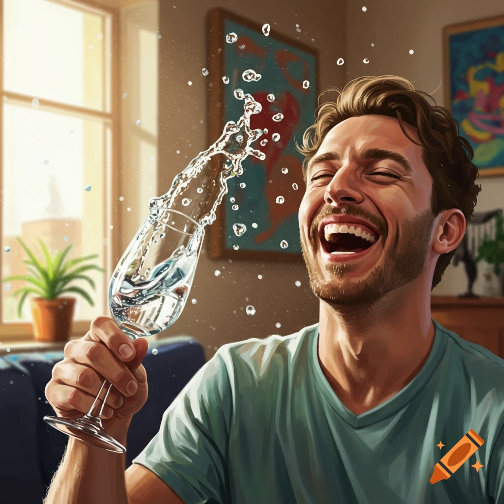A man laughs joyfully in a sunlit room as water splashes from a glass he holds.