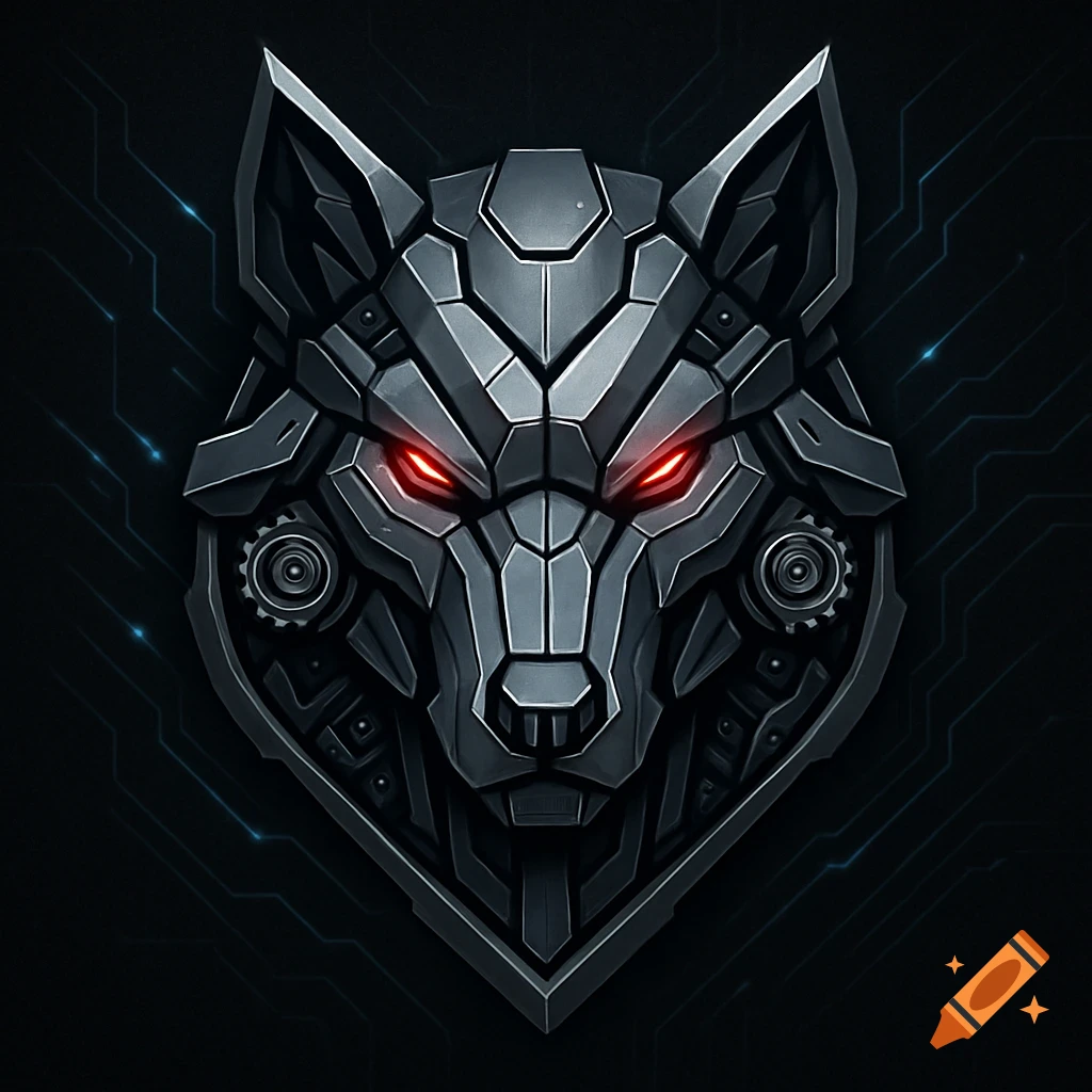 A dark gray, metallic robotic wolf head with glowing red eyes, designed as an emblem on a dark, circuit-patterned background.