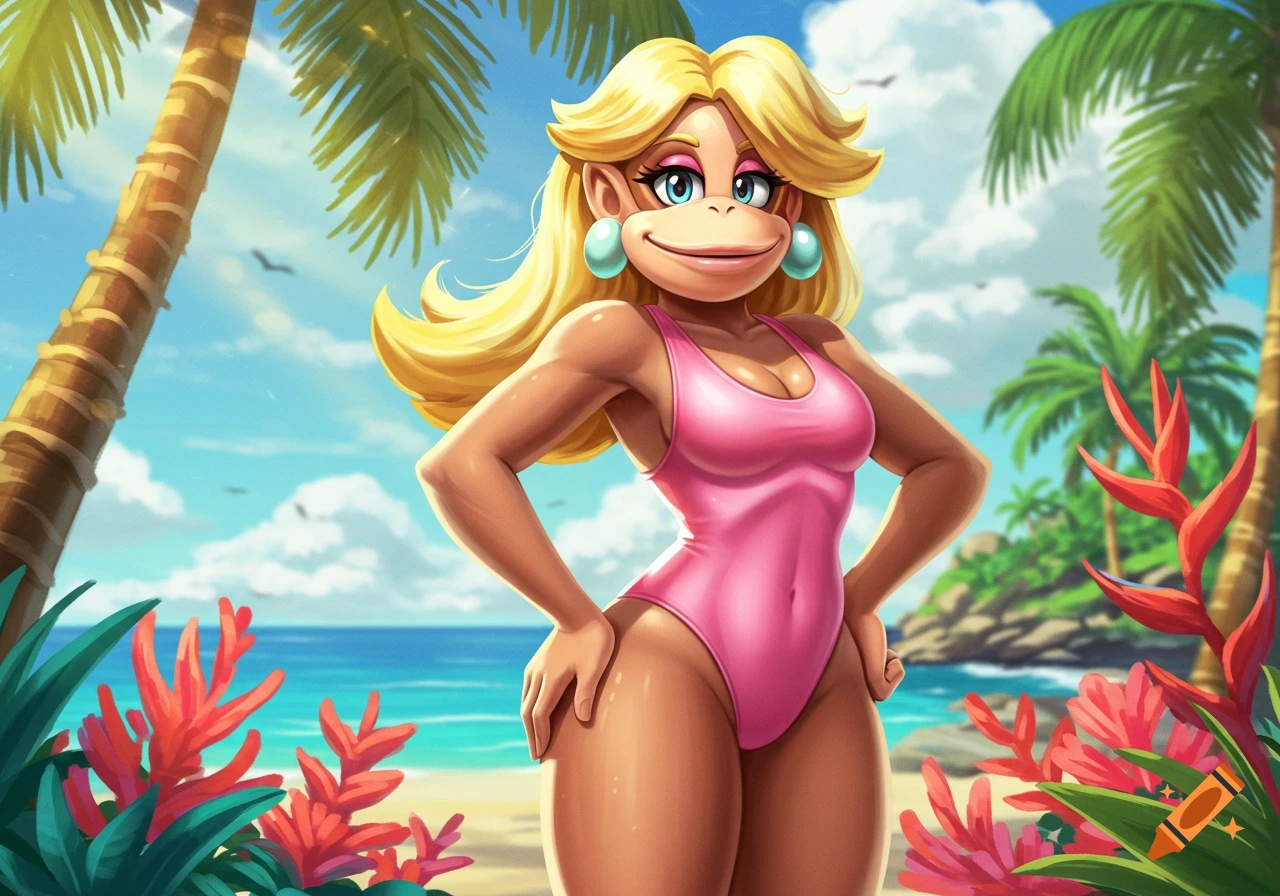 Stylized humanoid Candy Kong in a pink swimsuit poses on a tropical beach with palm trees.
