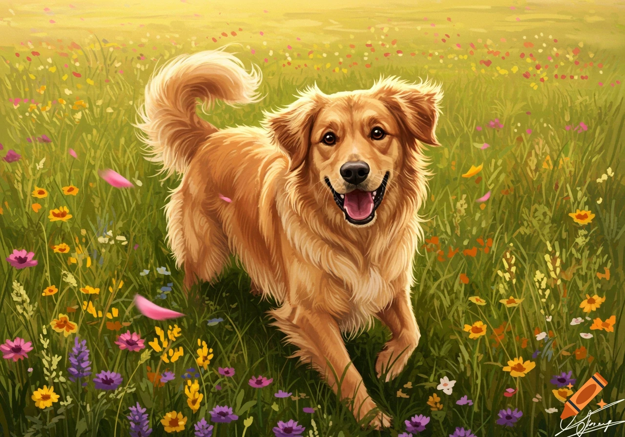 A happy golden retriever runs through a vibrant field of colorful wildflowers, illustrated in a painterly style.