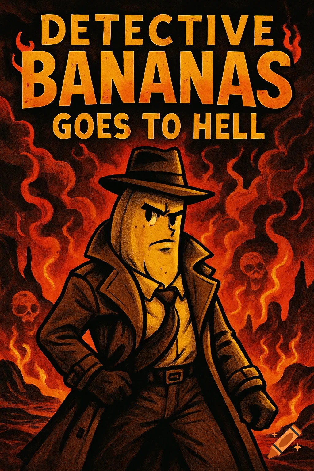 A cartoon poster shows Detective Bananas, a banana in a trench coat, in a fiery hellscape with skulls. Text: 'Detective Bananas Goes to Hell'.