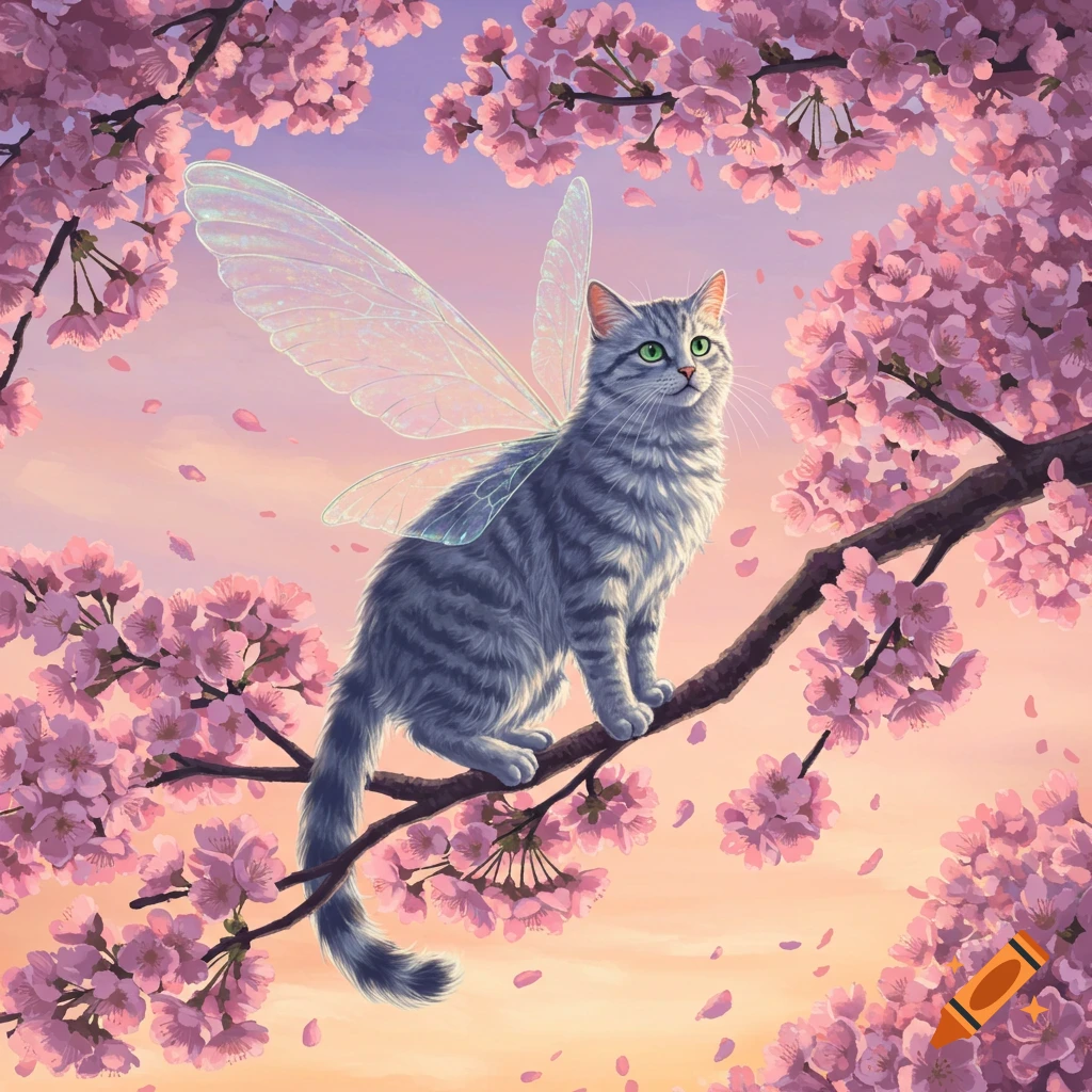 A grey tabby cat with fairy wings sits on a cherry blossom branch amidst pink cherry blossoms and falling petals, in a whimsical digital art style.