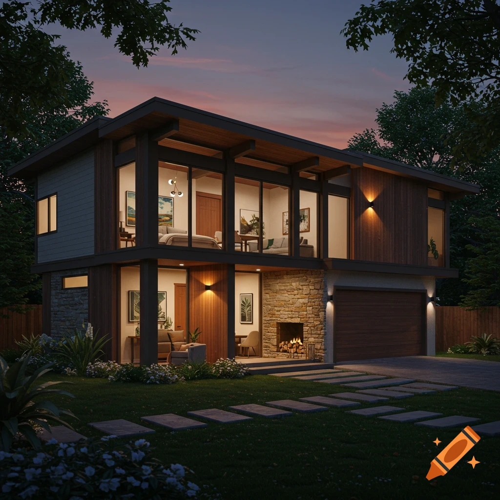 A contemporary, midcentury modern house with large windows illuminated at dusk, surrounded by trees and a well-kept lawn.