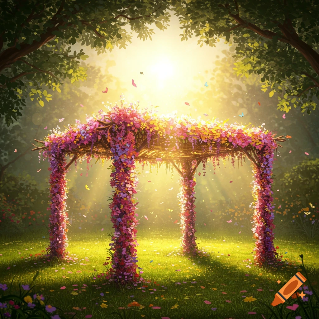 A vibrant flower-covered archway stands in a sunlit, lush green forest with butterflies and scattered petals.