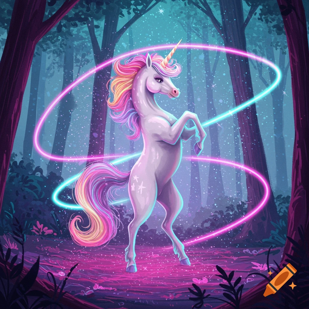 A brightly colored unicorn with a rainbow mane and tail rears up in a glowing, dark fantasy forest with neon light rings.