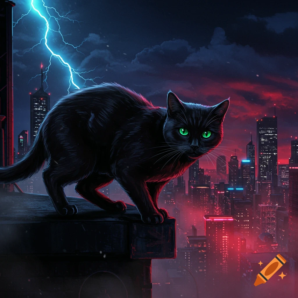 A black cat with glowing green eyes on a building in a vibrant, futuristic cityscape at night with a lightning bolt in the sky.