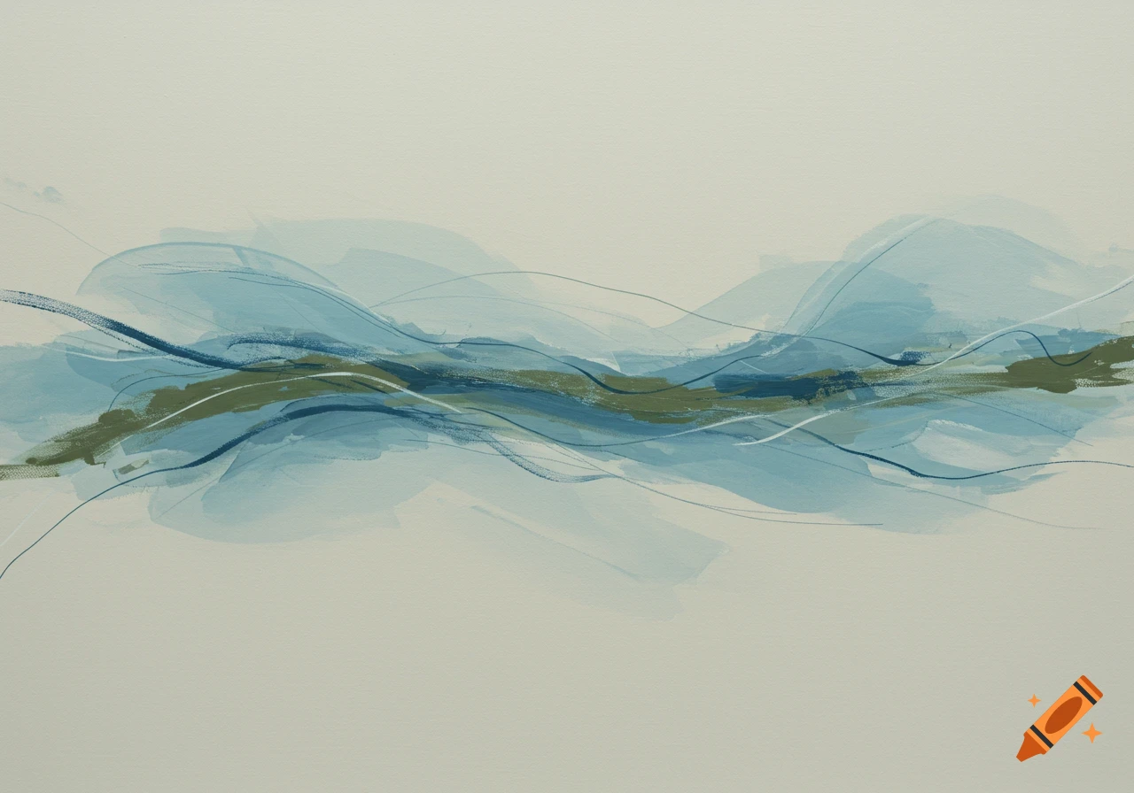 Minimalist abstract painting with flowing blue, green, and white brushstrokes on a light background.