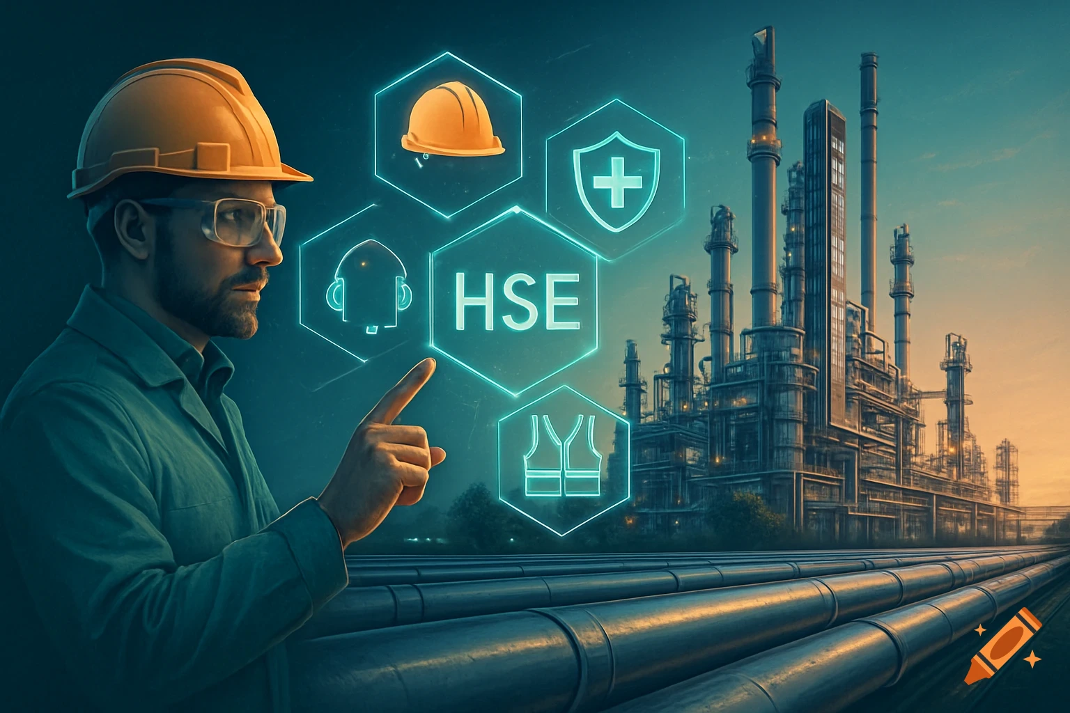 A man in a hard hat points at holographic HSE safety icons in front of a petrochemical plant and pipelines at dusk.