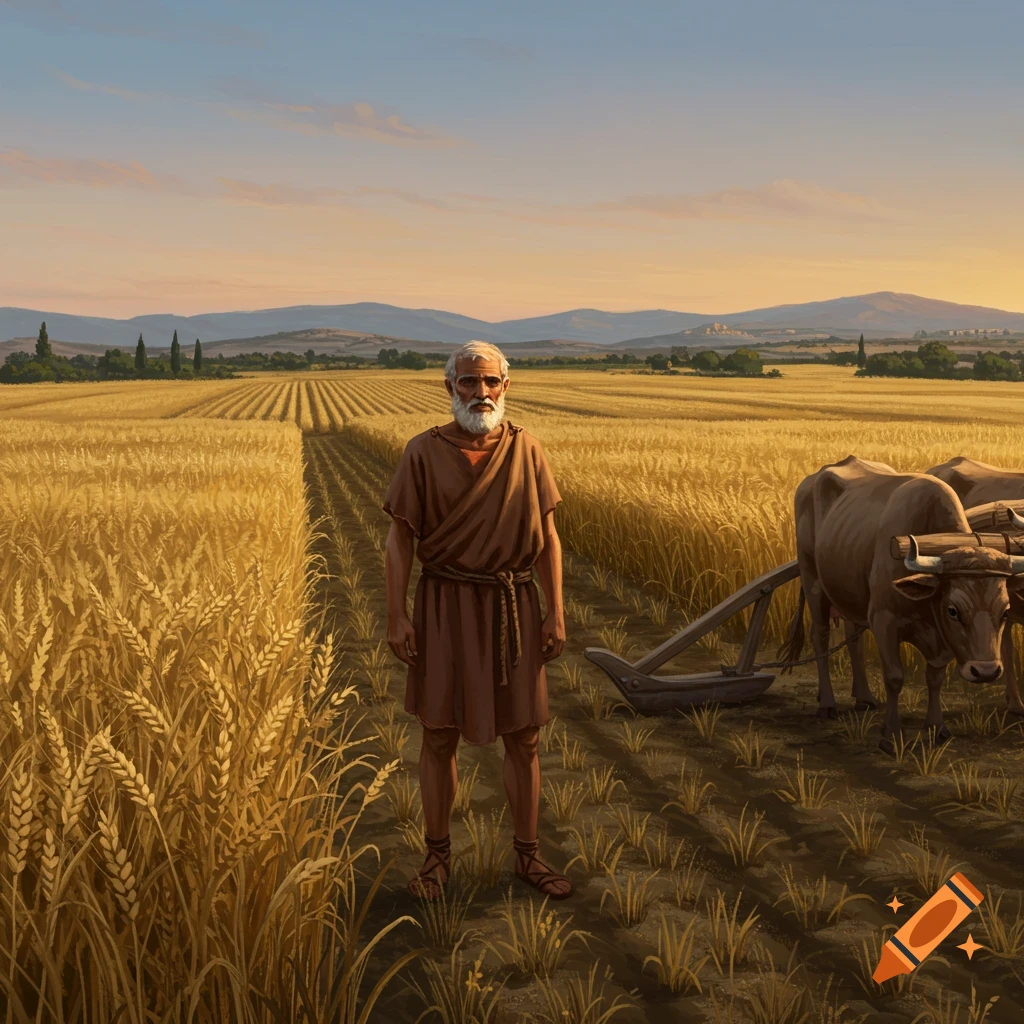 An old bearded farmer in ancient attire stands in a golden wheat field at sunrise, with oxen and a plow beside him. Mountains in the background.