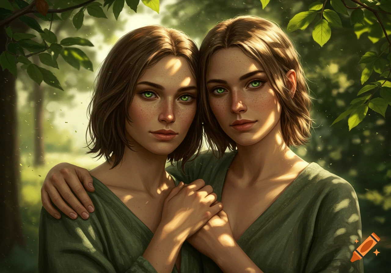 Two photorealistic women with green eyes and freckles embrace in a lush green forest with dappled sunlight.