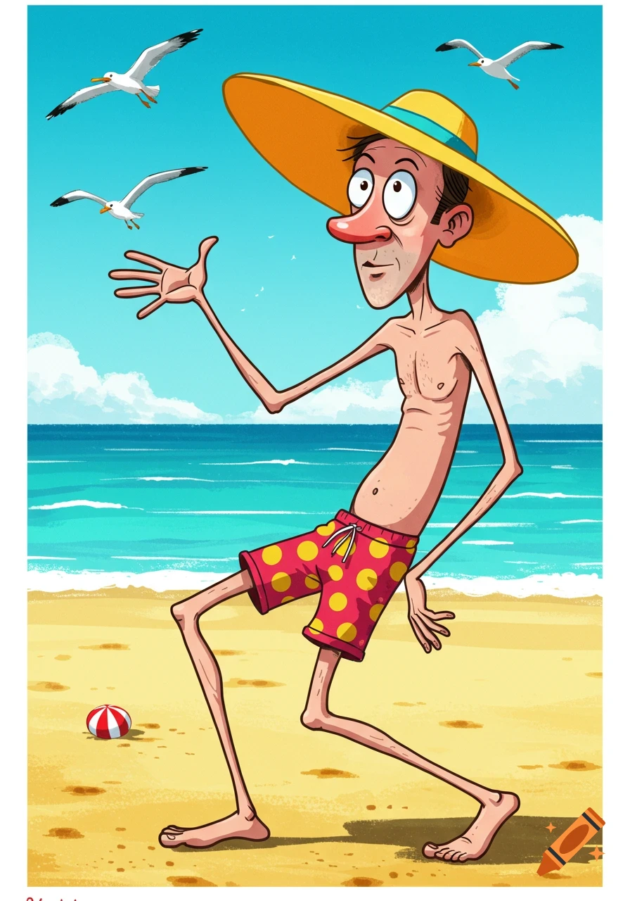 Cartoon of a very skinny man in polka dot swim shorts and a large yellow hat walking on a sunny beach with seagulls flying overhead.