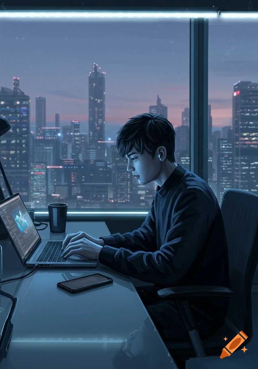 Digital art of a young man working on a laptop at a desk by a window, overlooking a neon-lit city at dusk.