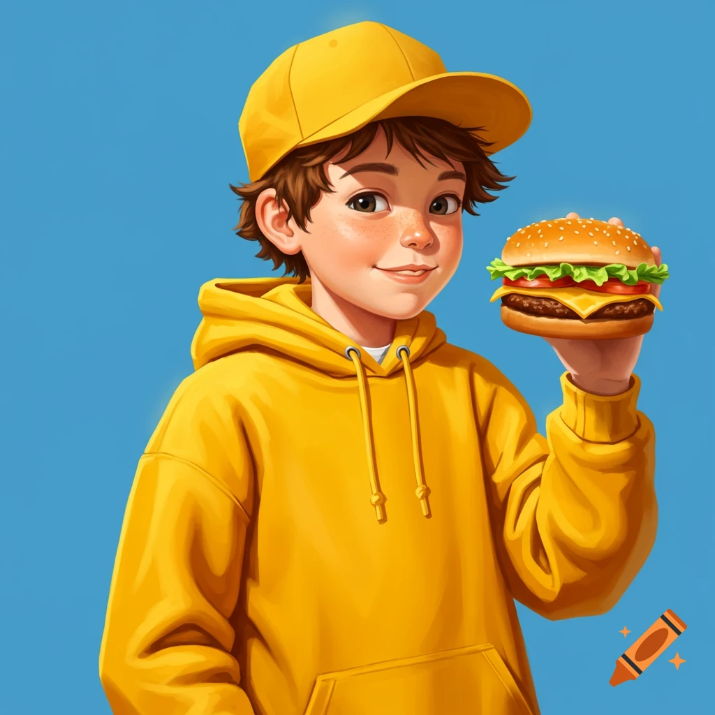 A cartoon boy with brown hair, wearing a yellow backward cap and hoodie, holding a hamburger, against a blue background.